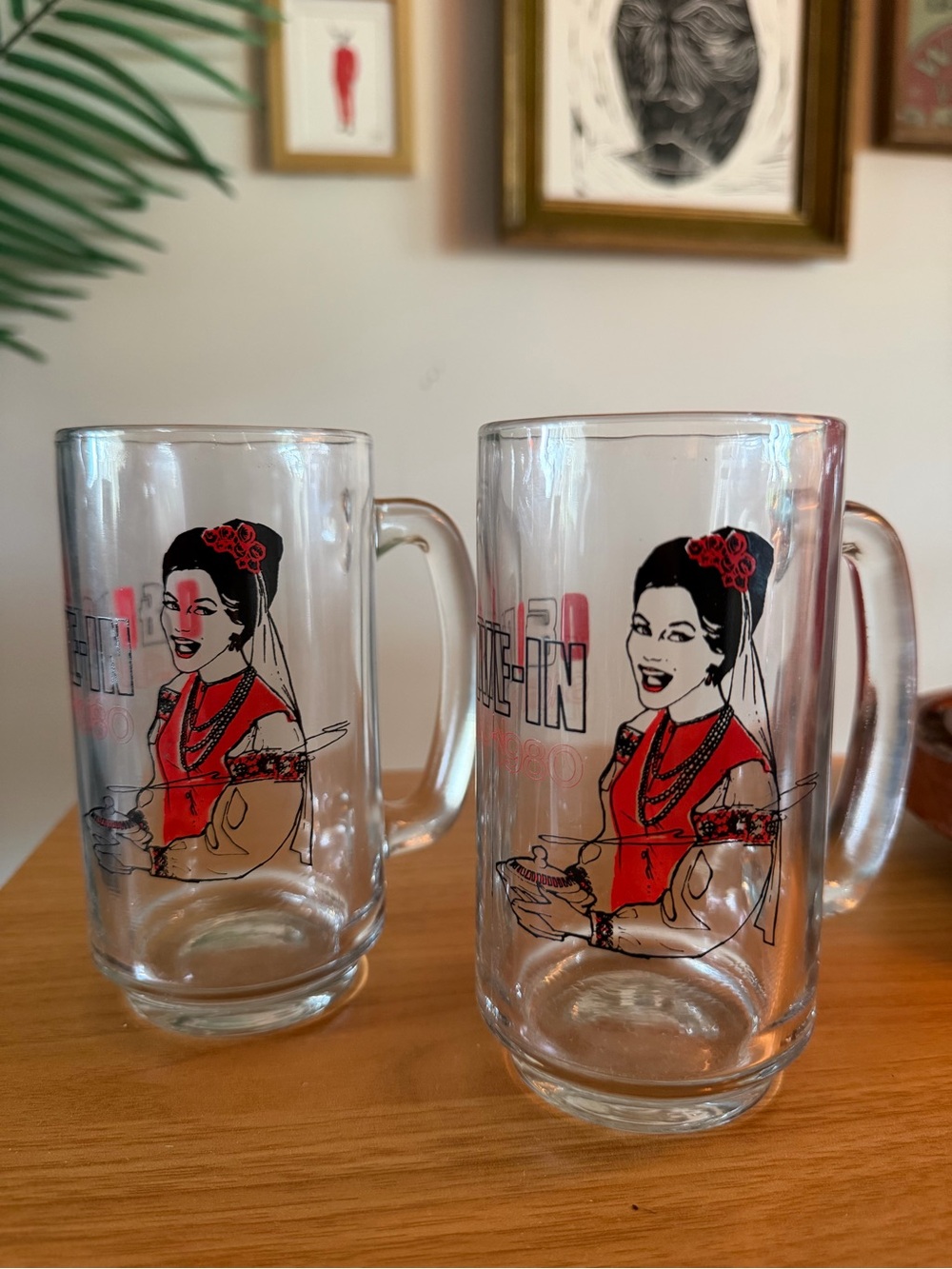 Vintage Style Red Graphic Glass Beer Mugs - Set of 2